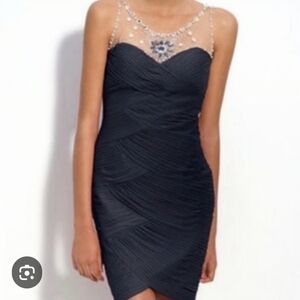 Adrianna Papell Navy Blue Ruched Cocktail Dress Beaded Illusion Neck Size 4